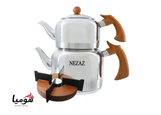 کتری و قوری نزاز لوله دار استیل 2.5 لیتر دسته چوبی کد 2305 کف چدن با وارمر هومیا