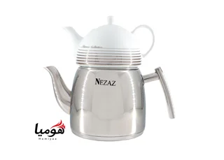 کتری و قوری نزاز هرمی لوله دار استیل 3 لیتر کد 2403 کف چدن با قوری چینی هومیا