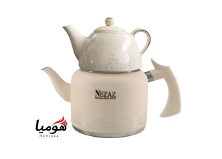 کتری و قوری نزاز لوله دار استیل 2.5 لیتر کد 2406 کف چدن در رنگهای مختلف با قوری چینی هومیا