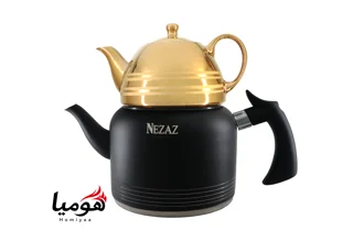 کتری و قوری نزاز لوله دار استیل 2.5 لیتر کد 2407 کف چدن در رنگهای مختلف با قوری چینی طلایی هومیا
